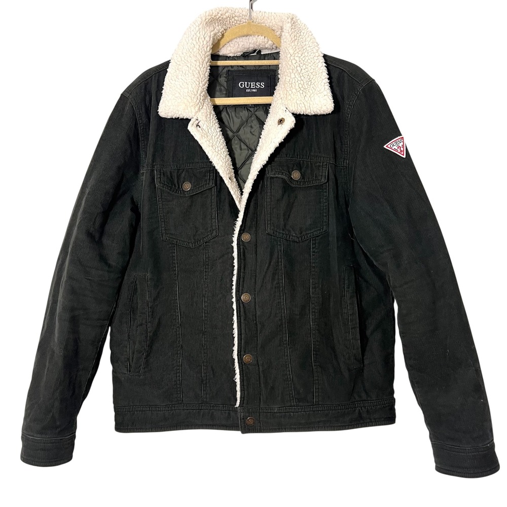 Guess Trucker Jacket Mens L Green Corduroy Sherpa Collar Quilt Lined Casual